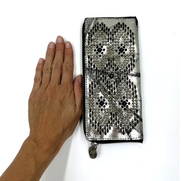 Calleen Cordero Studded Antiqued Metallic Leather Wallet Silver - Picture 4 of 12